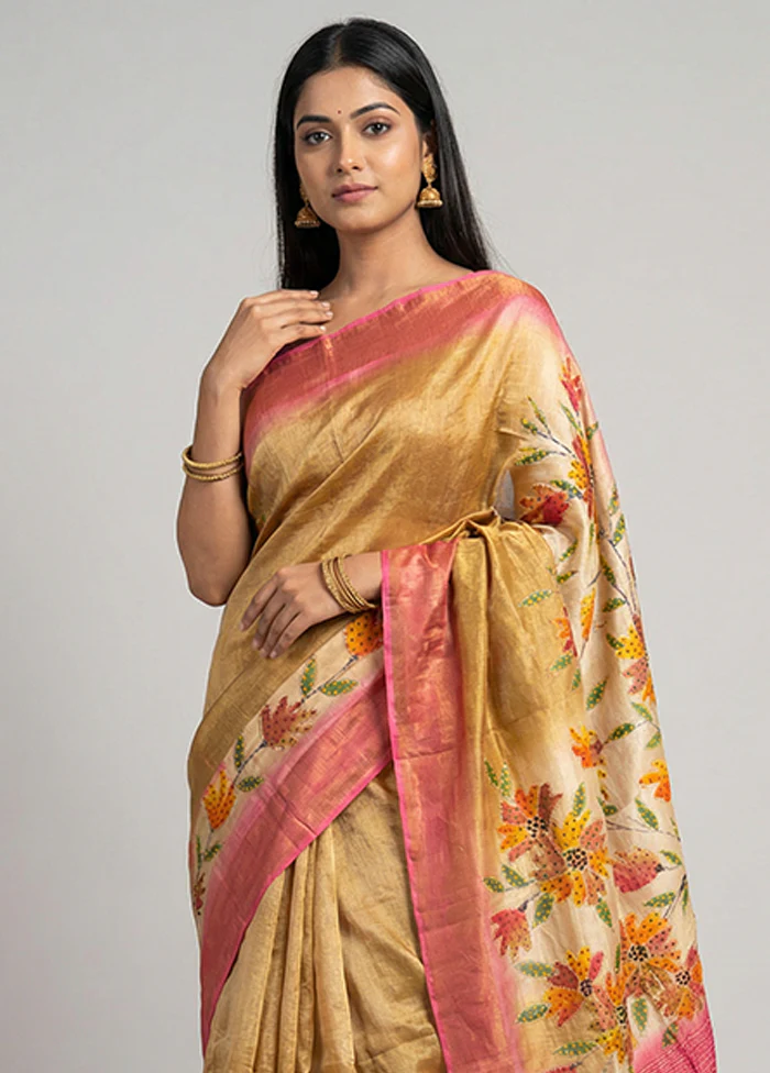 Pink Handloom Tussar Pure Silk Saree With Blouse Piece - Image 2