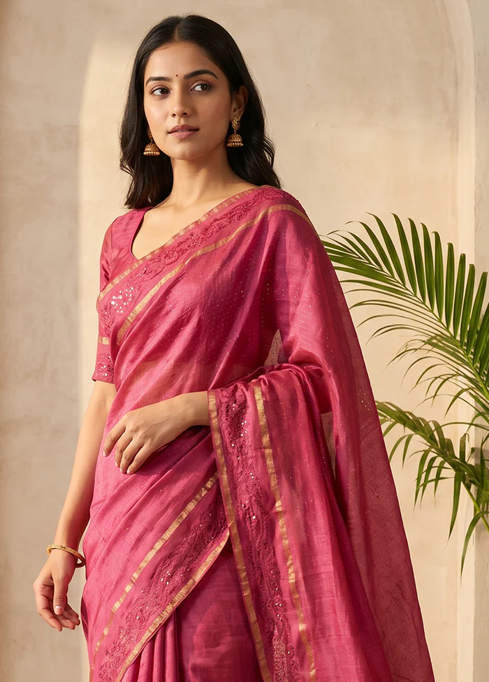 Pink Handloom Tussar Pure Silk Saree With Blouse Piece - Image 2