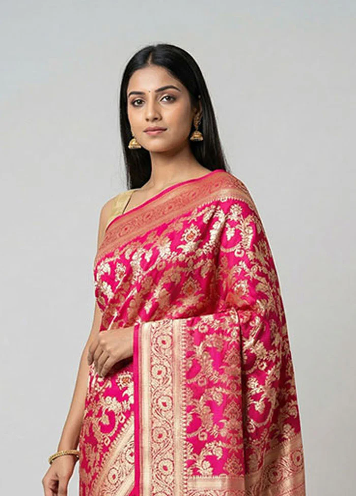 Pink Handloom Uppada Pure Silk Saree With Blouse Piece - Image 2