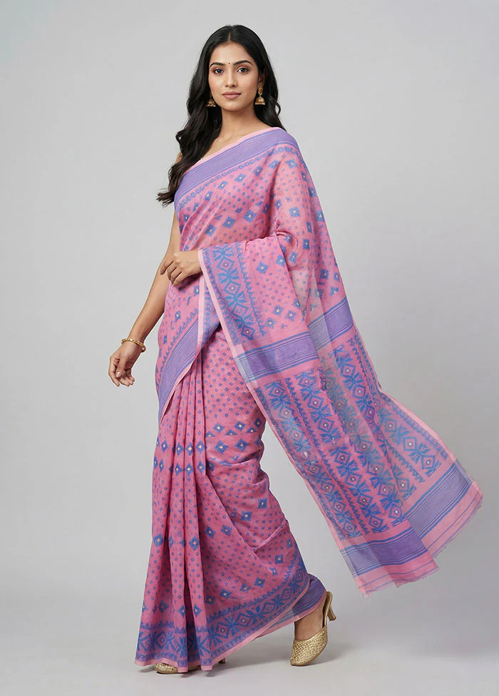 Pink Jamdani Cotton Saree Without Blouse Piece