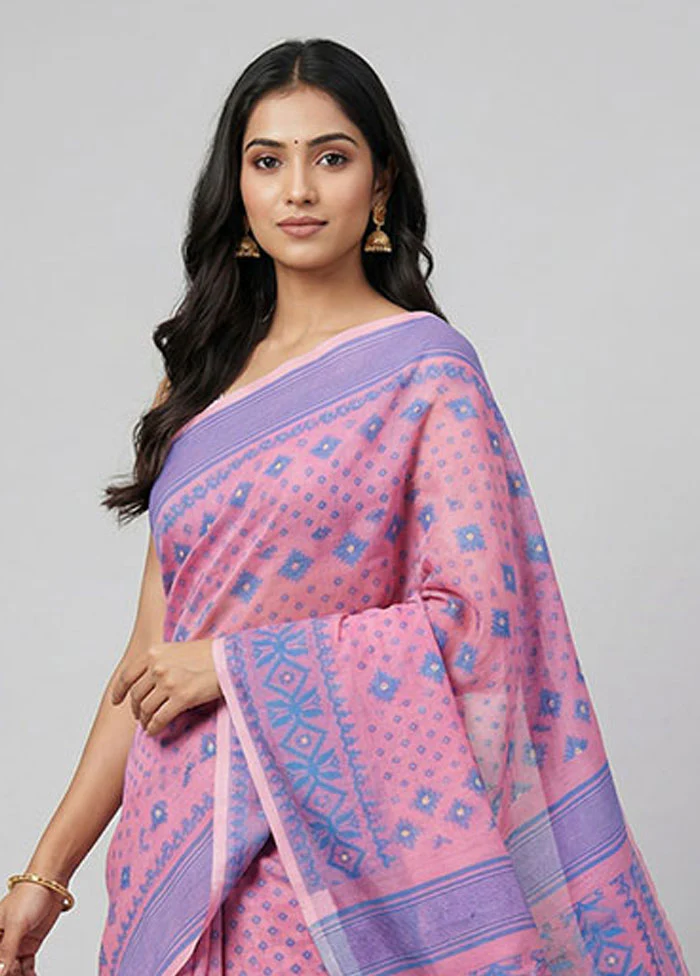 Pink Jamdani Cotton Saree Without Blouse Piece - Image 2