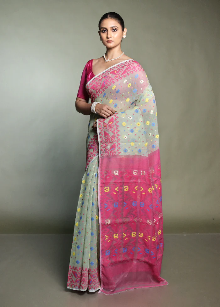 Pink Tant Jamdani Saree Without Blouse Piece - Image 4