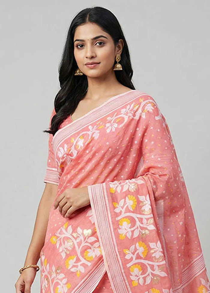 Pink Jamdani Cotton Saree Without Blouse Piece - Image 2