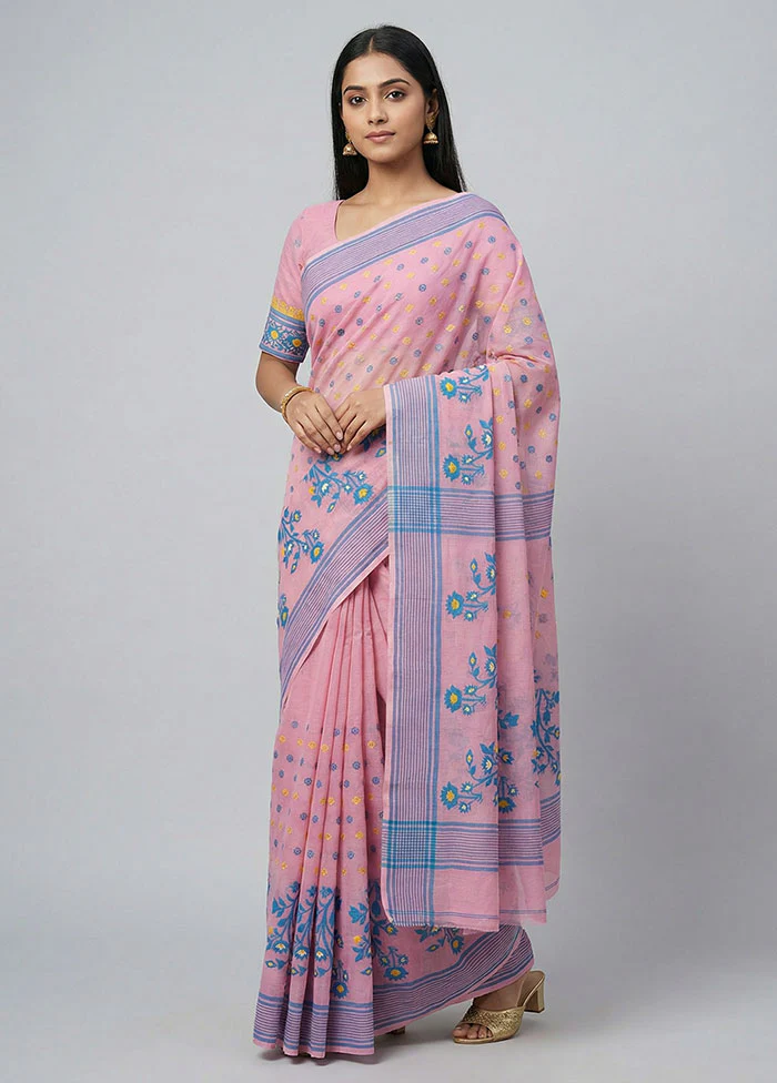 Pink Jamdani Cotton Saree Without Blouse Piece
