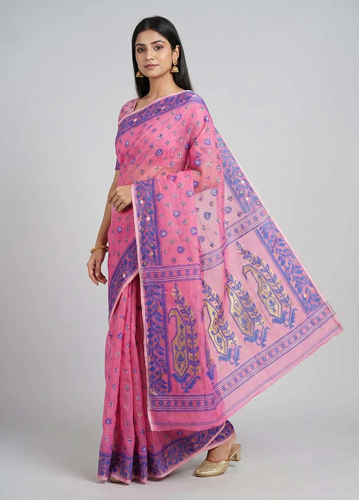 Pink Jamdani Cotton Saree Without Blouse Piece