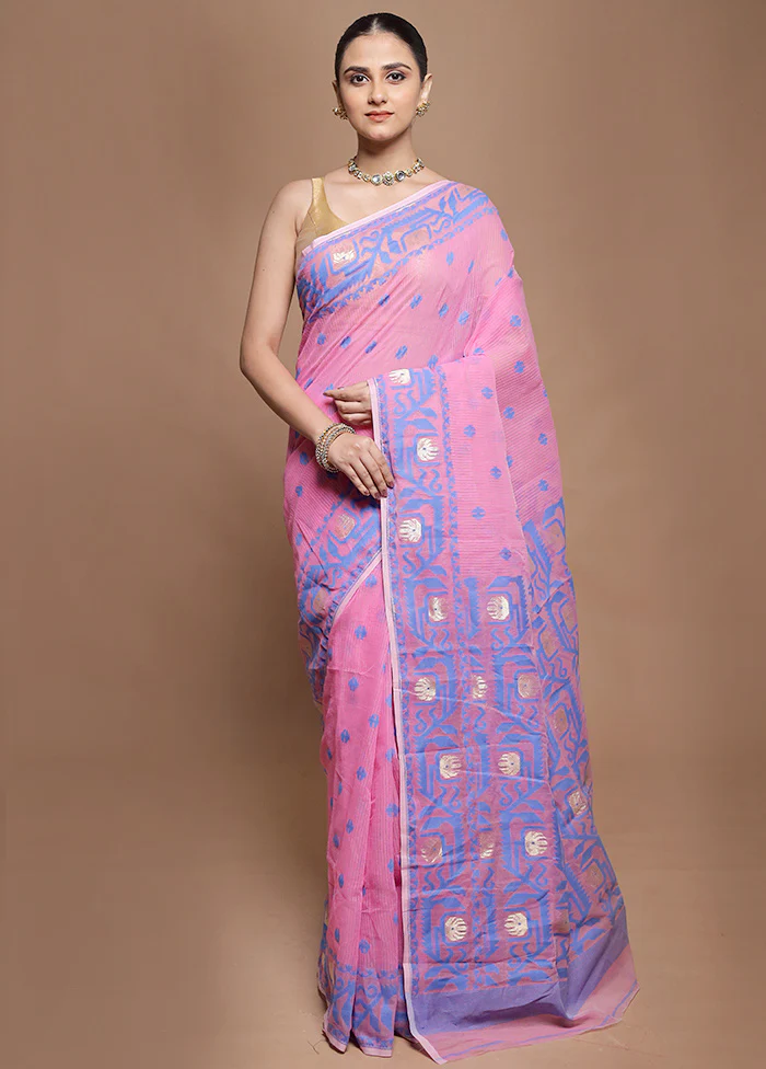 Pink Tant Jamdani Saree Without Blouse Piece