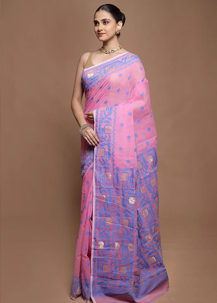 Pink Tant Jamdani Saree Without Blouse Piece - Image 4