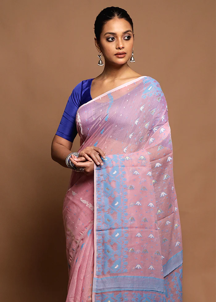 Pink Tant Jamdani Saree Without Blouse Piece - Image 2