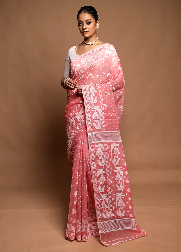Pink Tant Jamdani Saree Without Blouse Piece