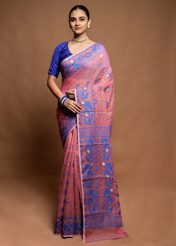 Pink Tant Jamdani Saree Without Blouse Piece