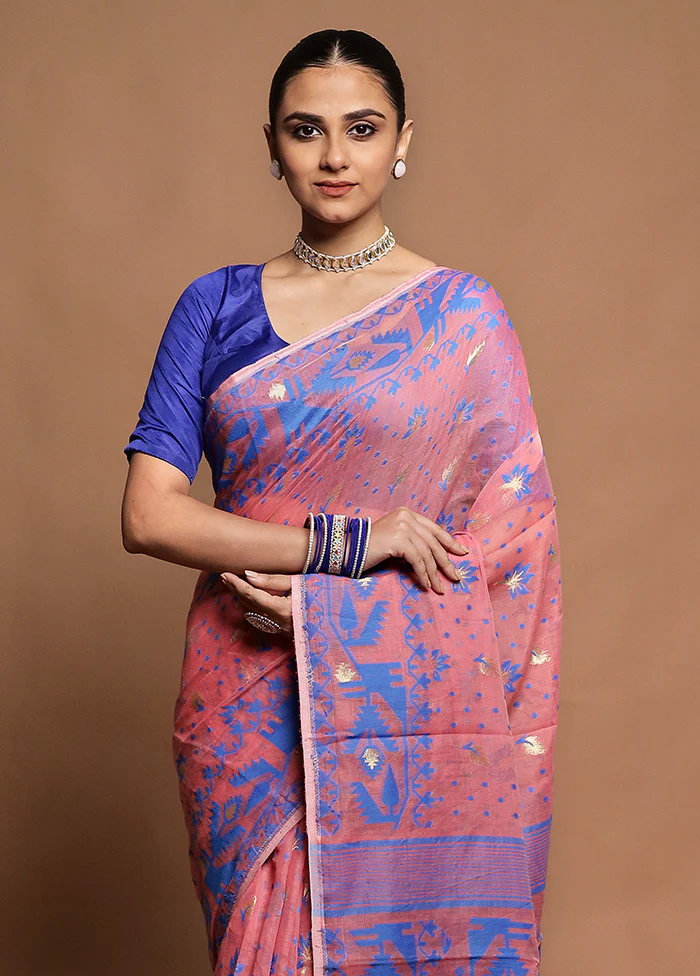 Pink Tant Jamdani Saree Without Blouse Piece - Image 2