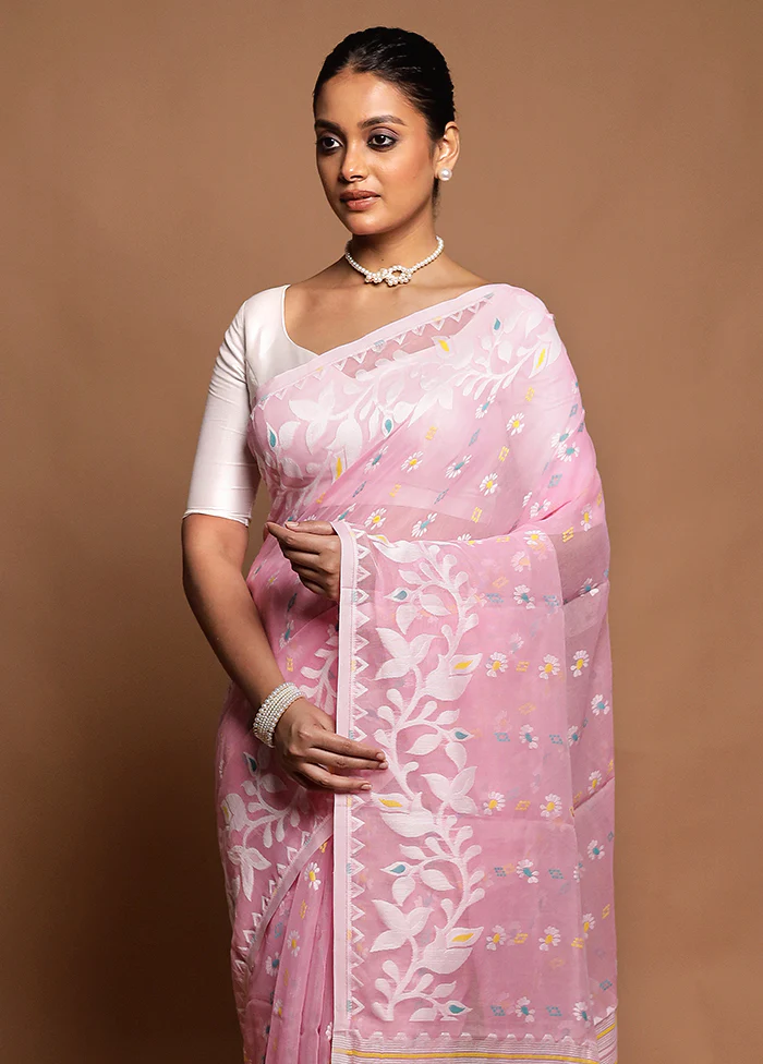 Pink Tant Jamdani Saree Without Blouse Piece - Image 2