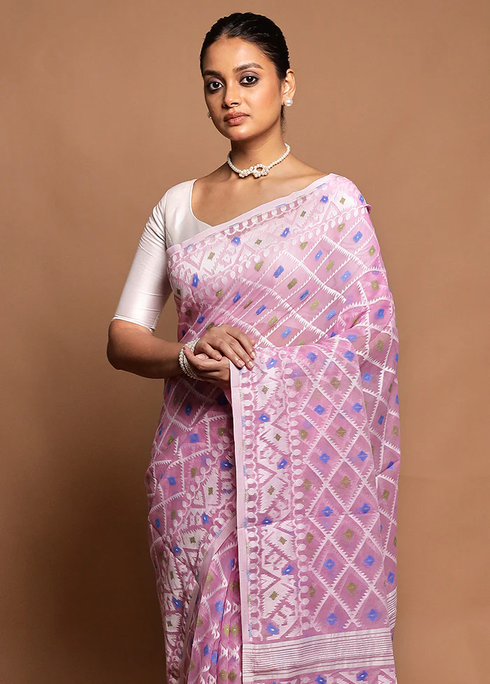 Pink Tant Jamdani Saree Without Blouse Piece - Image 2