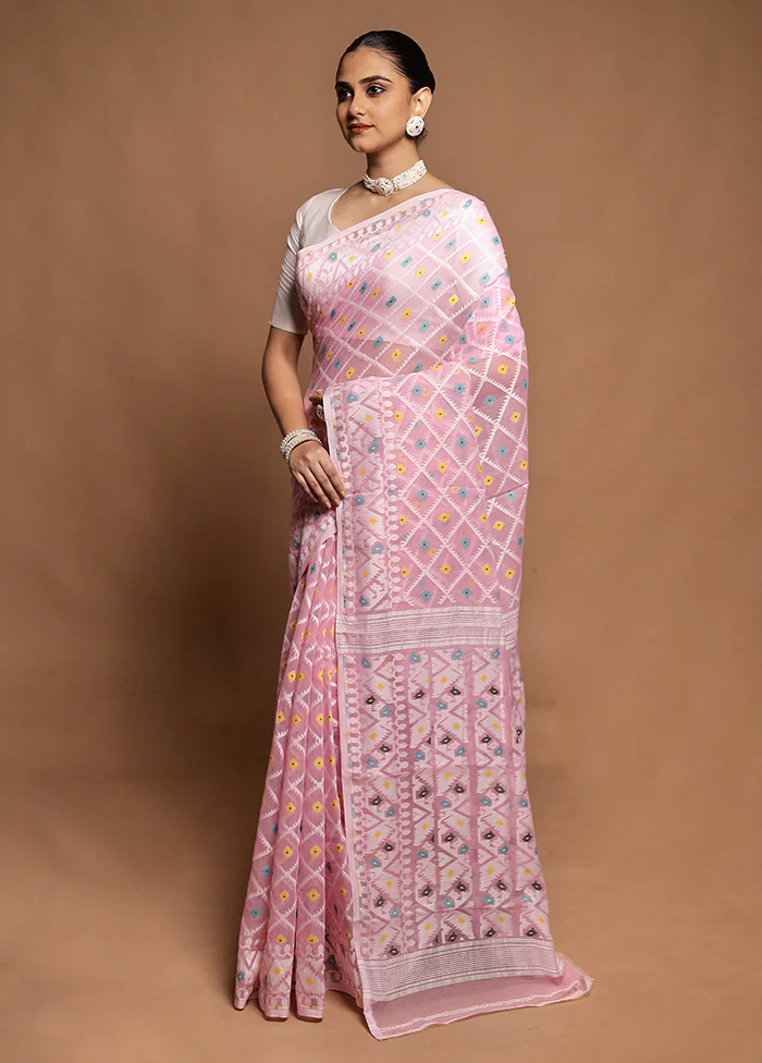 Pink Tant Jamdani Saree Without Blouse Piece - Image 4