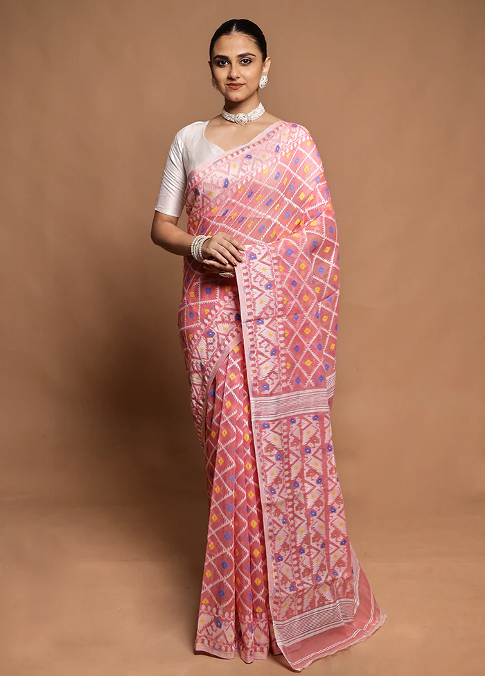 Pink Tant Jamdani Saree Without Blouse Piece