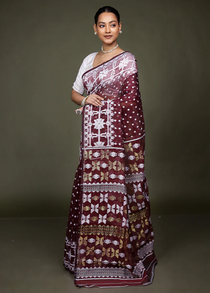 Brown Tant Jamdani Saree Without Blouse Piece - Image 4