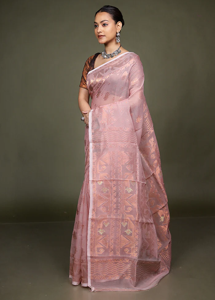 Pink Tant Jamdani Saree Without Blouse Piece - Image 4