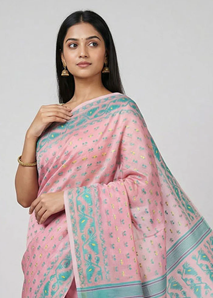Pink Jamdani Cotton Saree Without Blouse Piece - Image 2