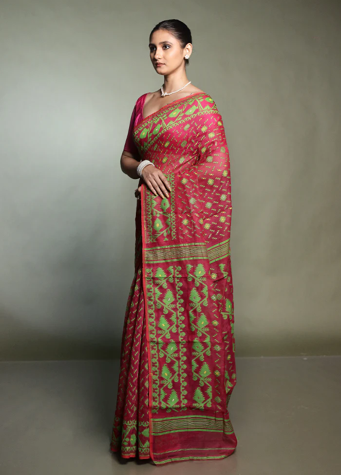 Pink Tant Jamdani Saree Without Blouse Piece - Image 4
