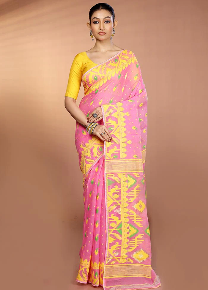 Pink Tant Jamdani Saree Without Blouse Piece - Image 2