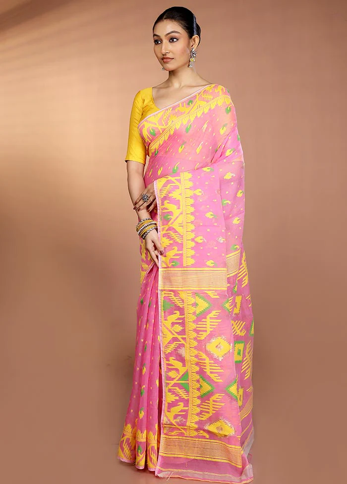 Pink Tant Jamdani Saree Without Blouse Piece - Image 4