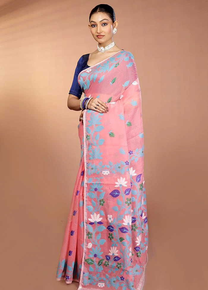 Pink Tant Jamdani Saree Without Blouse Piece - Image 4