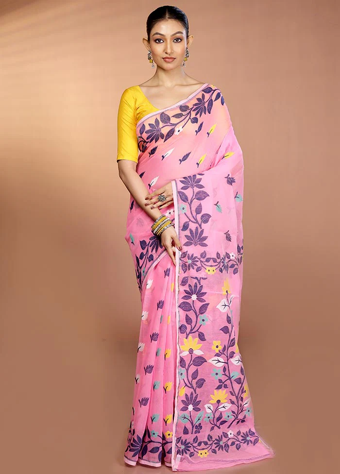 Pink Tant Jamdani Saree Without Blouse Piece - Image 2