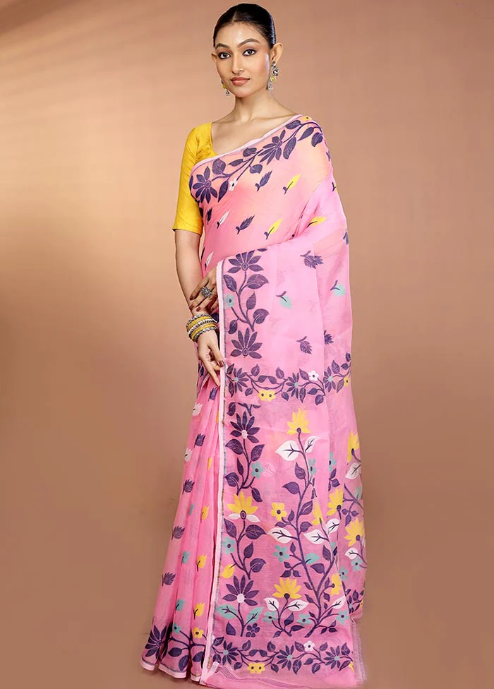 Pink Tant Jamdani Saree Without Blouse Piece - Image 4