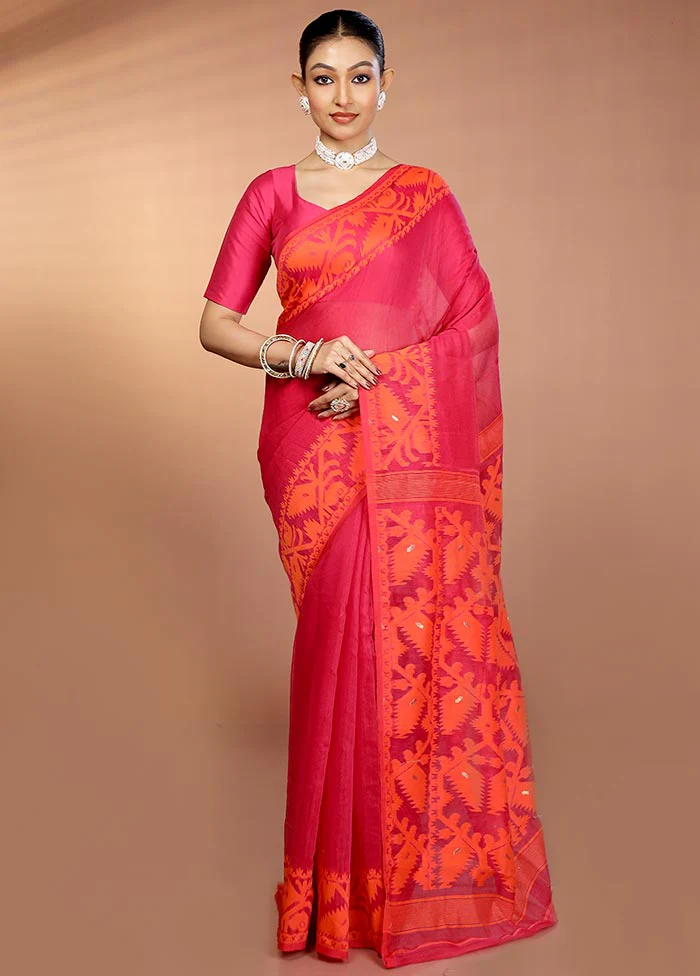 Pink Tant Jamdani Saree Without Blouse Piece - Image 2