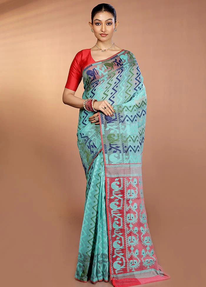 Green Tant Jamdani Saree Without Blouse Piece - Image 2