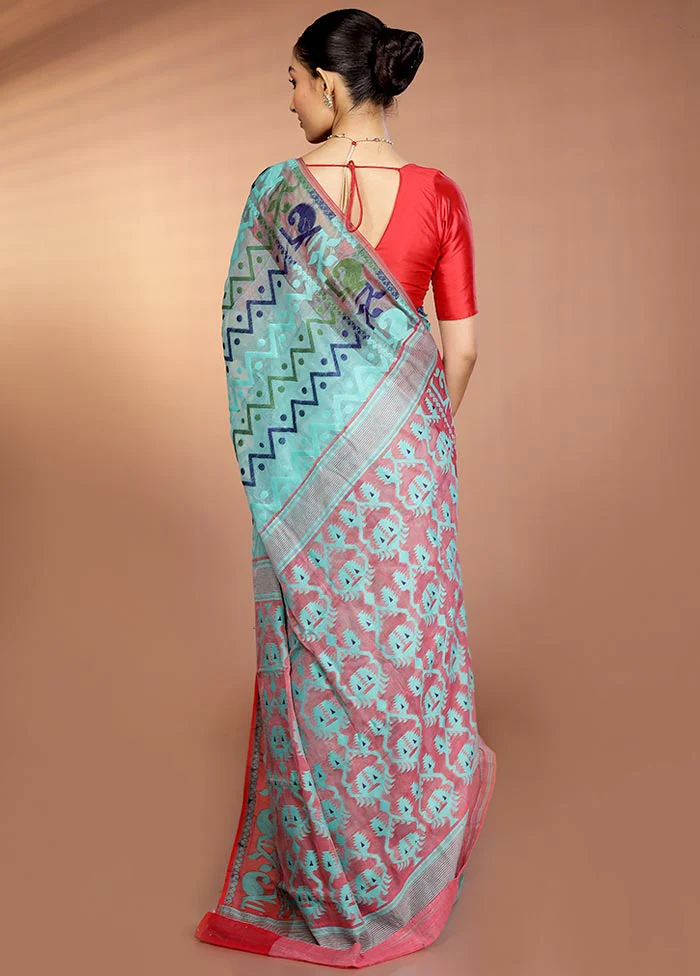 Green Tant Jamdani Saree Without Blouse Piece - Image 3