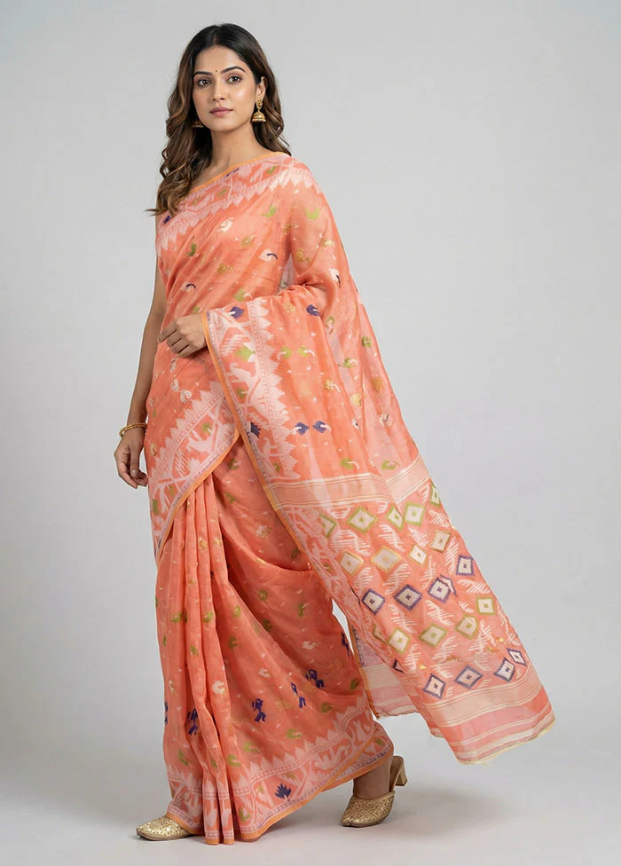 Pink Jamdani Cotton Saree Without Blouse Piece