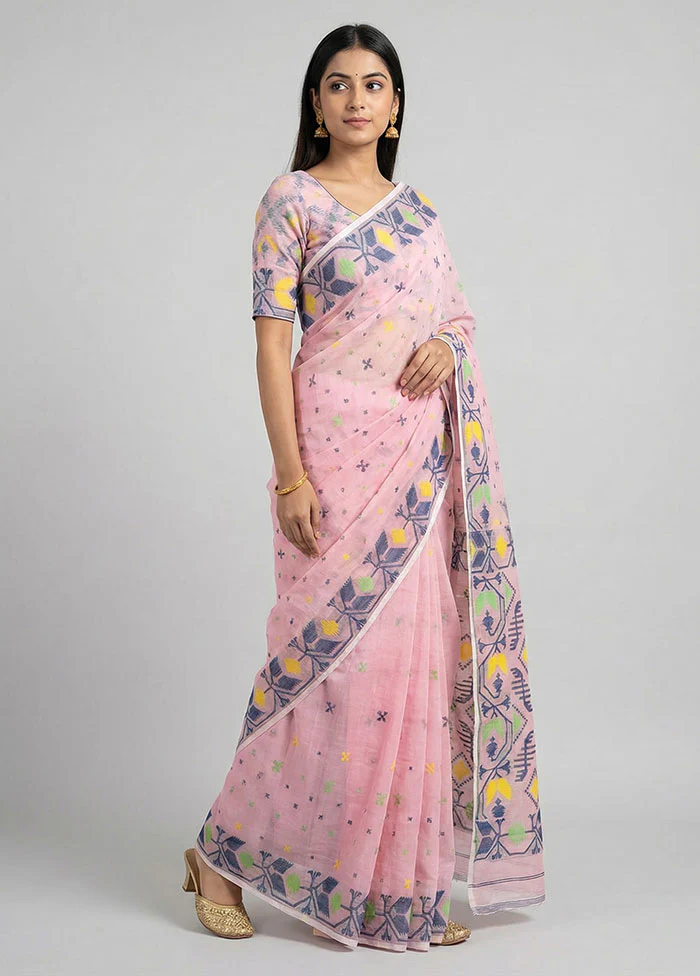 Pink Jamdani Cotton Saree Without Blouse Piece