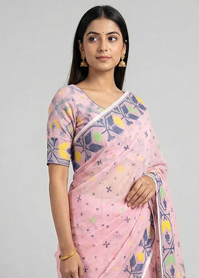 Pink Jamdani Cotton Saree Without Blouse Piece - Image 2