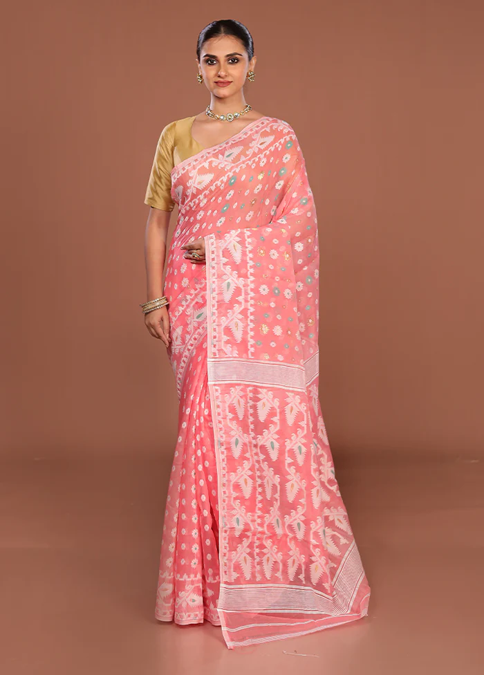 Pink Jamdani Cotton Saree Without Blouse Piece - Image 2
