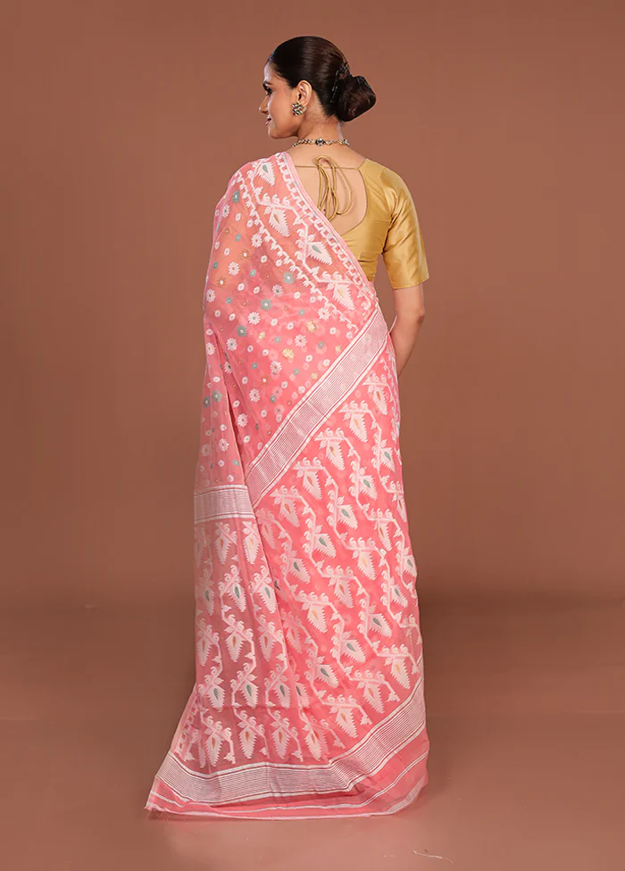 Pink Jamdani Cotton Saree Without Blouse Piece - Image 3
