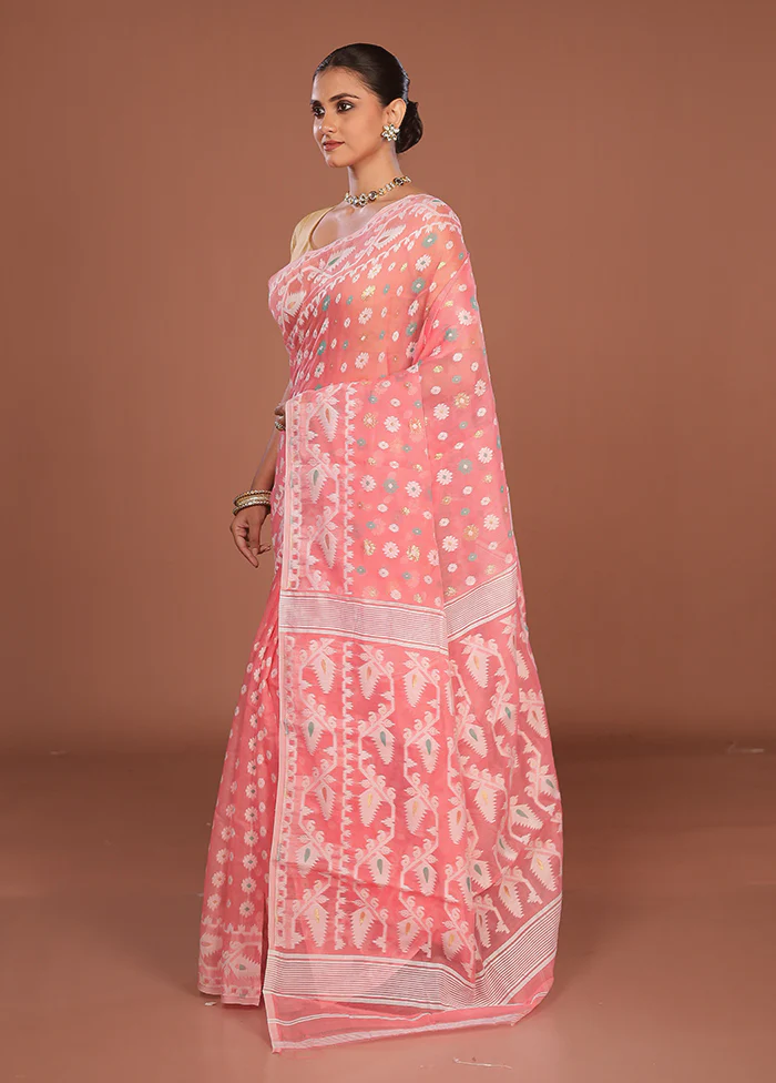 Pink Jamdani Cotton Saree Without Blouse Piece - Image 4
