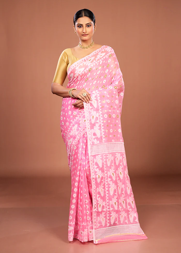 Pink Jamdani Cotton Saree Without Blouse Piece - Image 2