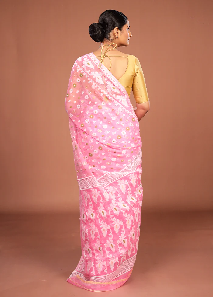 Pink Jamdani Cotton Saree Without Blouse Piece - Image 3