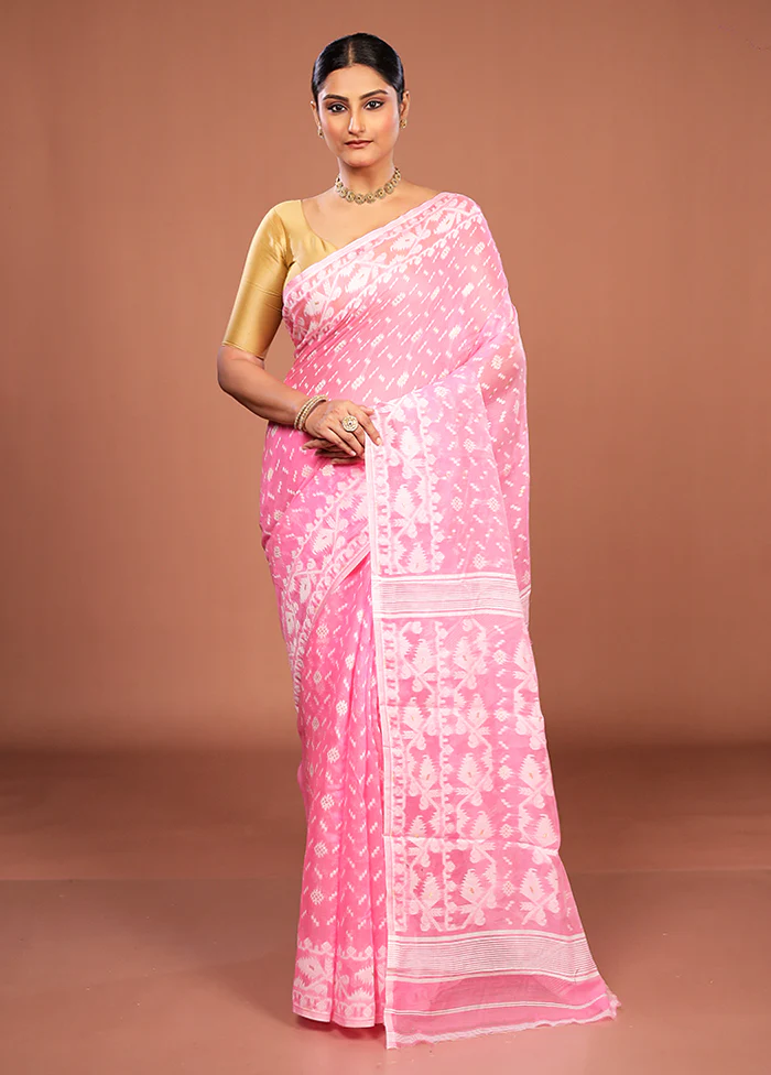 Pink Jamdani Cotton Saree Without Blouse Piece - Image 2