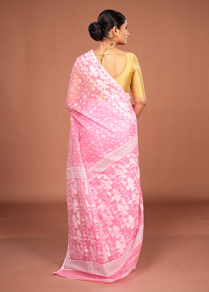 Pink Jamdani Cotton Saree Without Blouse Piece - Image 3