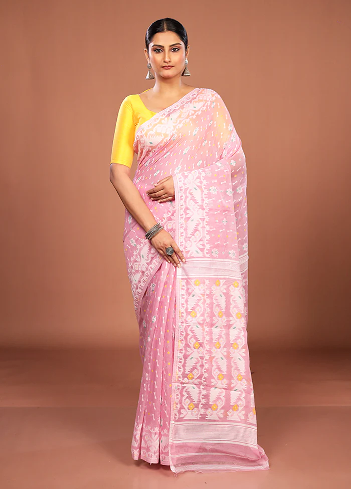 Pink Jamdani Cotton Saree Without Blouse Piece - Image 2