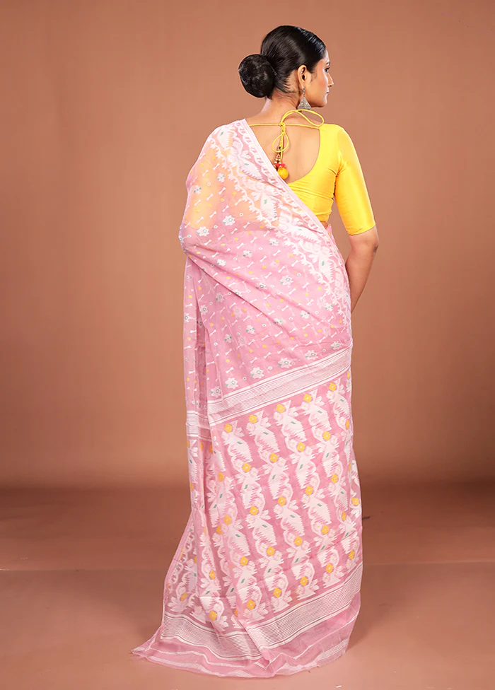 Pink Jamdani Cotton Saree Without Blouse Piece - Image 3