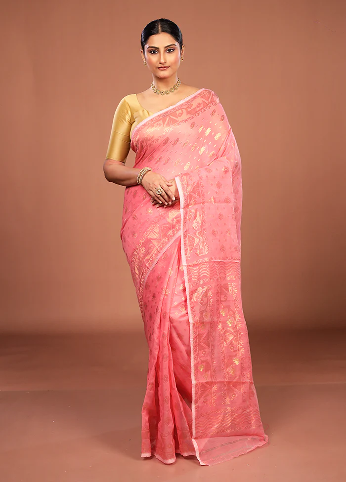 Pink Jamdani Cotton Saree Without Blouse Piece - Image 2