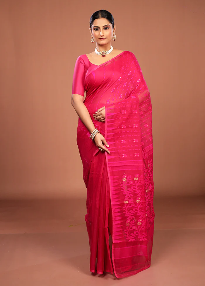 Pink Jamdani Cotton Saree Without Blouse Piece - Image 2