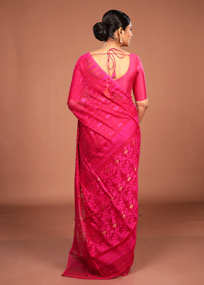 Pink Jamdani Cotton Saree Without Blouse Piece - Image 3