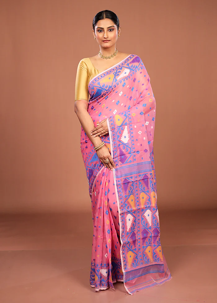 Pink Jamdani Cotton Saree Without Blouse Piece - Image 2