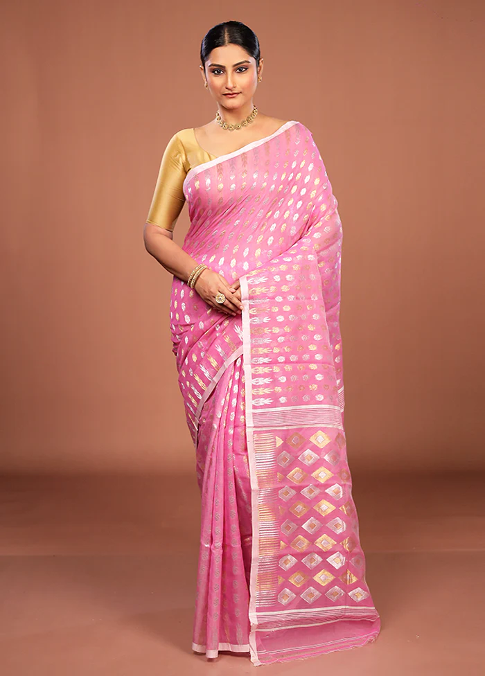 Pink Jamdani Cotton Saree Without Blouse Piece - Image 2