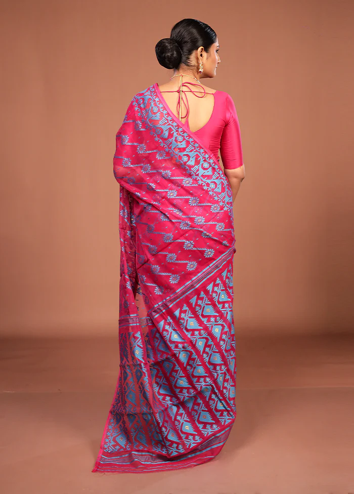 Pink Jamdani Cotton Saree Without Blouse Piece - Image 3