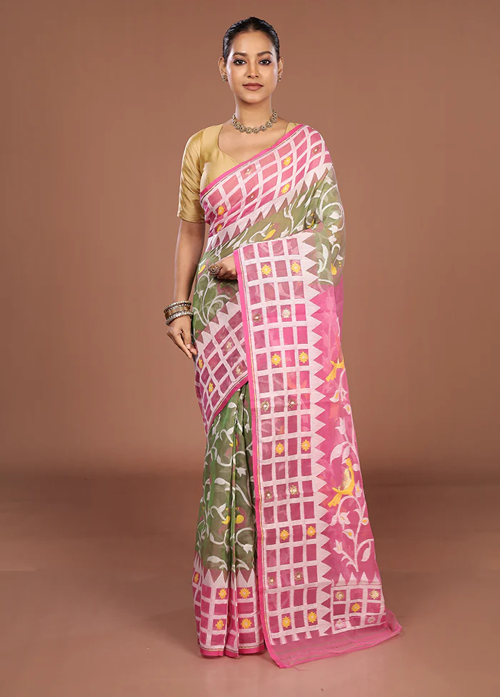 Pink Jamdani Cotton Saree Without Blouse Piece - Image 2